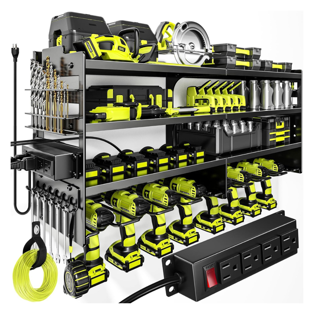 Pokipo Large 4-Layer Wall Mount Power Tool Organizer W/ Charging Station