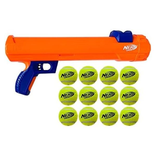 Nerf Dog Tennis Ball Blaster Gift Set With Orange Ball Launcher And 12 Balls