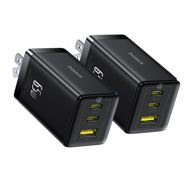 2-Pack 65W Baseus Foldable GaN 3-Port USB-C & USB-A Wall Chargers