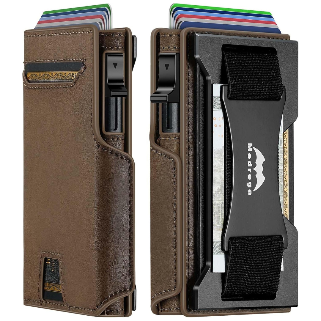 Medrega RFID Biflod Leather Wallet W/ Cash Strap/AirTag