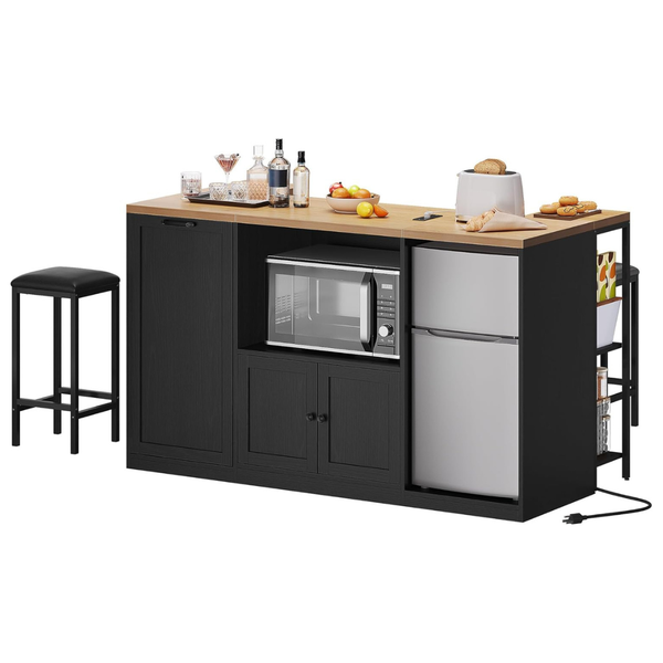 67" Kitchen Island w/Storage, Power Outlet, Tilt Out Trash Cabinet & more