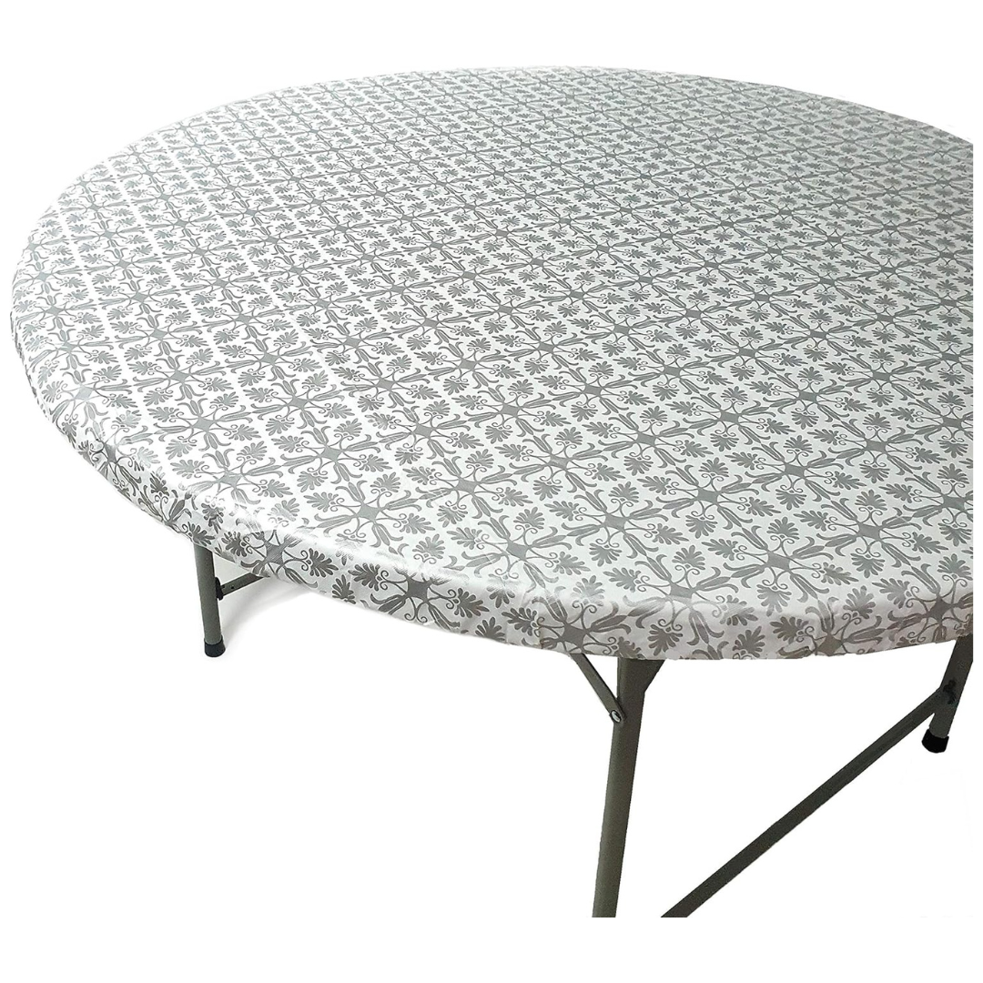 43" Round Elastic Silver Patterned Plastic Vinyl Tablecloth
