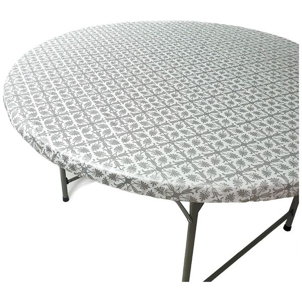 43" Round Elastic Silver Patterned Plastic Vinyl Tablecloth