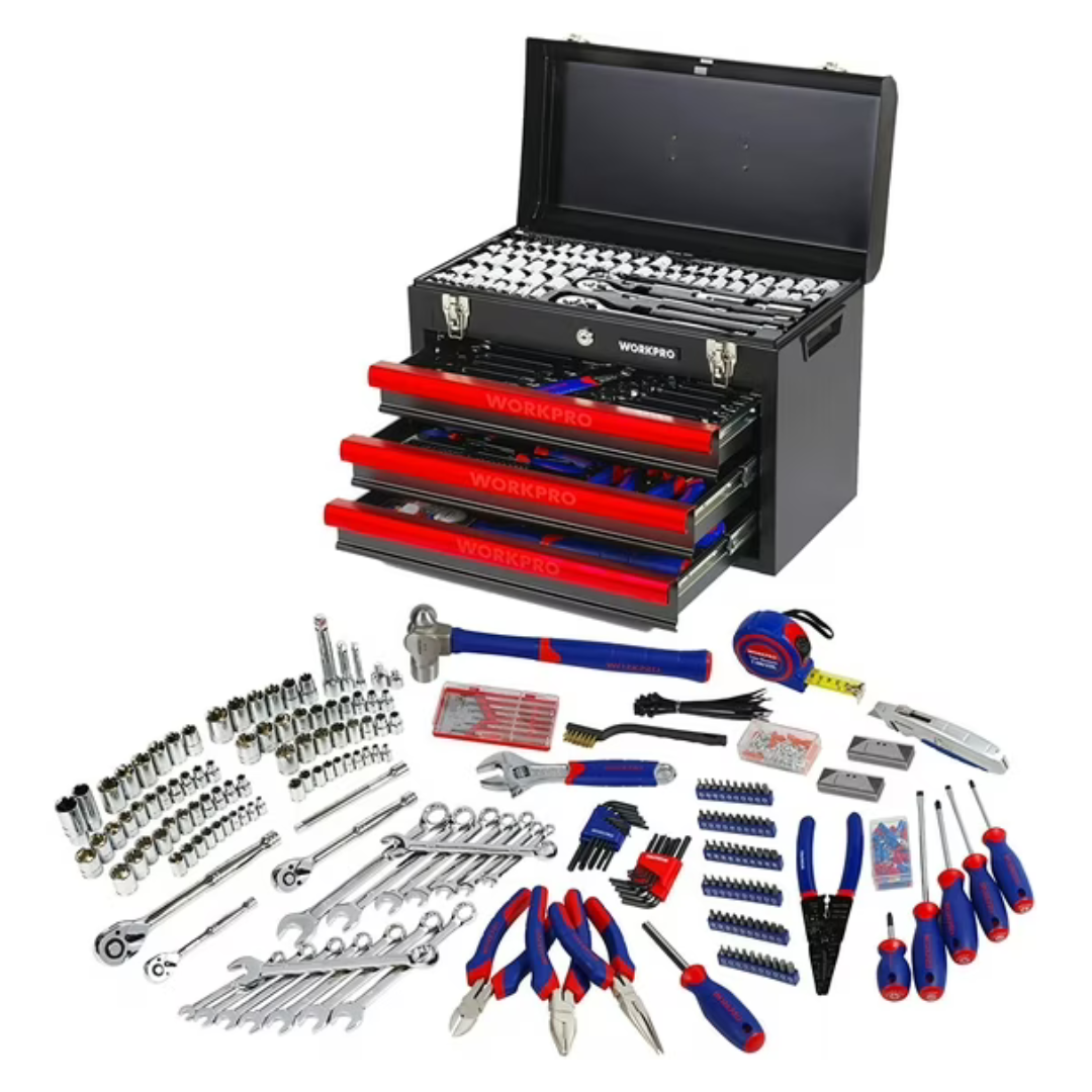 408-Piece WORKPRO Mechanics Tool Set with 3-Drawer Heavy Duty Metal Box
