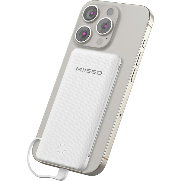 10000mAh Slim USB-C Portable Power Bank with Built-in Cables (White)