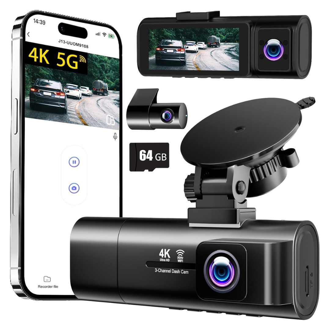3-Channel Dash Cam With 4K+1080P+1080P Front Rear & Inside Cameras