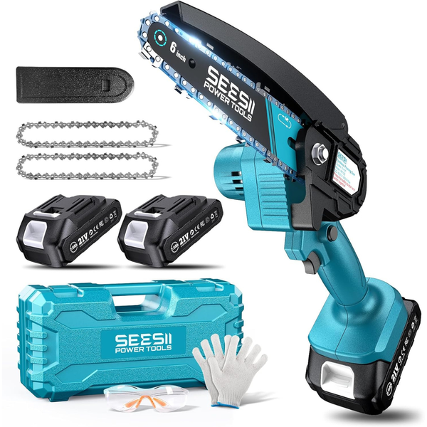 6" Seesii Mini Cordless Electric Hand Chainsaw W/ 2-Batteries & Accessories