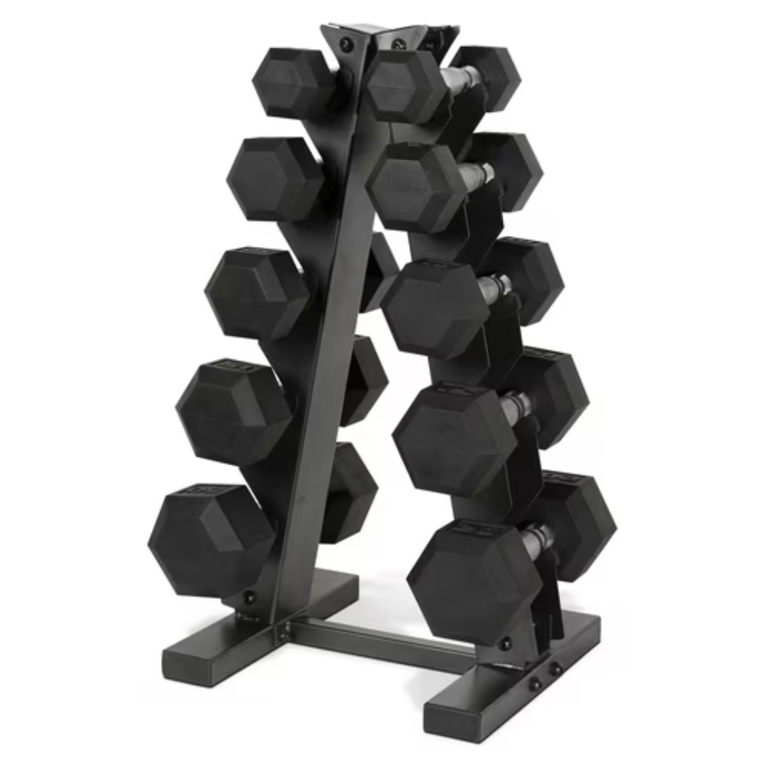 150lbs CAP Barbell Rubber Coated Hex Dumbbell Weight Set w/ A-Frame Rack