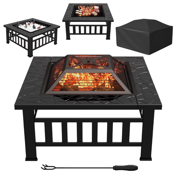 Lacoo 32" Patio Square Fire Pit Table With Mesh Lid (Black)