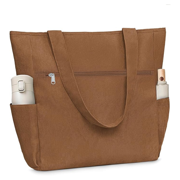 Women's Large Shoulder Corduroy Tote Bag With Zipper