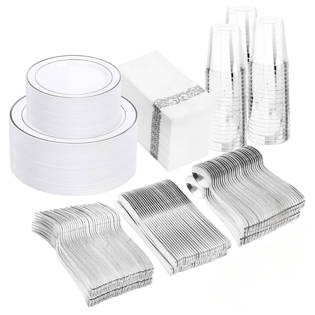 350-Piece Elegant Disposable Plastic Dinnerware Set For 50 Guests (Silver)
