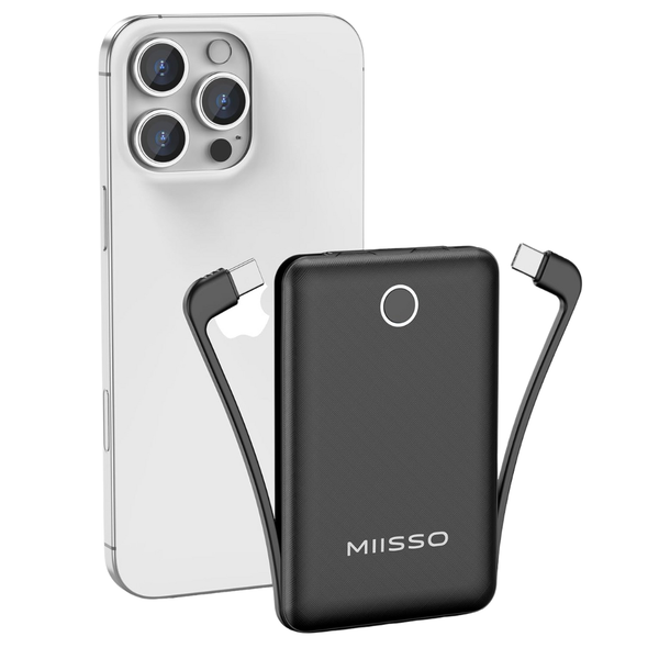 10000mAh Miisso USB-C Slim Portable Power Bank W/ Built-In Cable