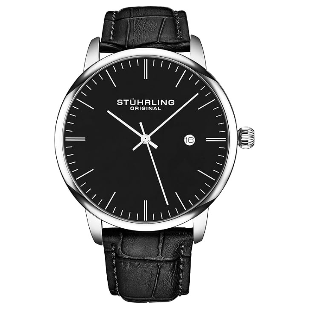 Men's Black Leather Strap Classic Minimalist Analog Wrist Watch