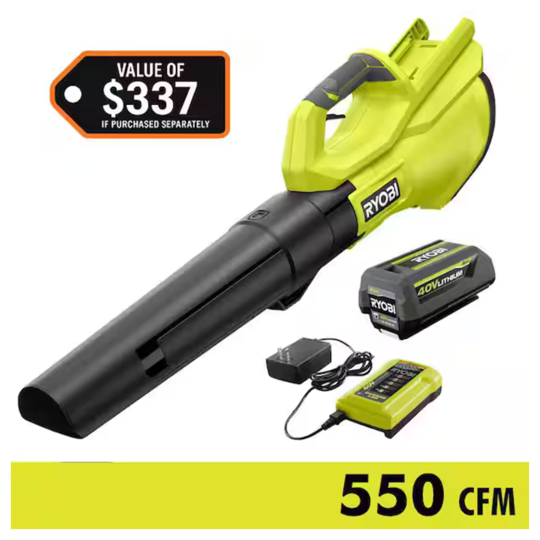RYOBI 40V 120 MPH 550 CFM Cordless Leaf Blower W/ 4Ah Battery & Charger