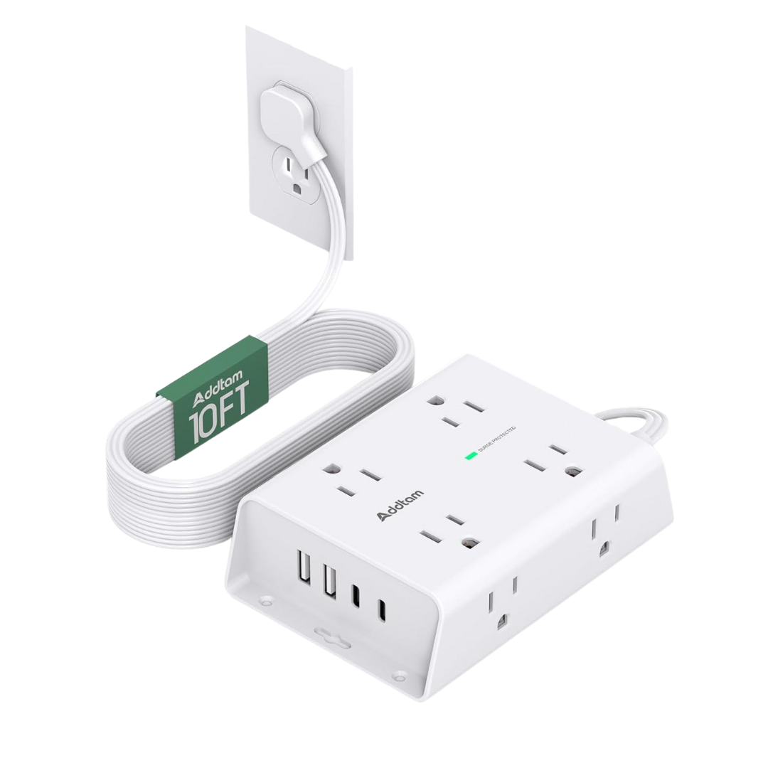 Addtam 10ft Flat Plug Extension Cord With Surge Protector
