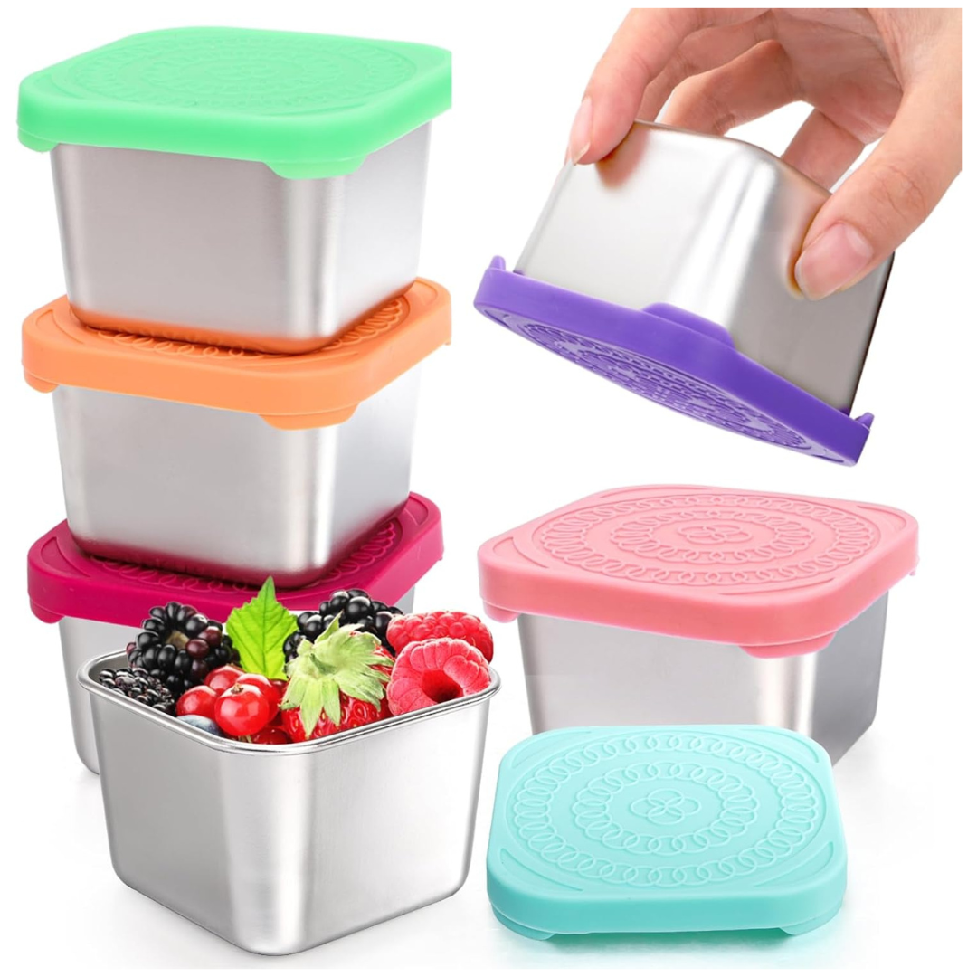 6-Pack 6 Oz Stainless Steel Snack Containers With Silicone Lids