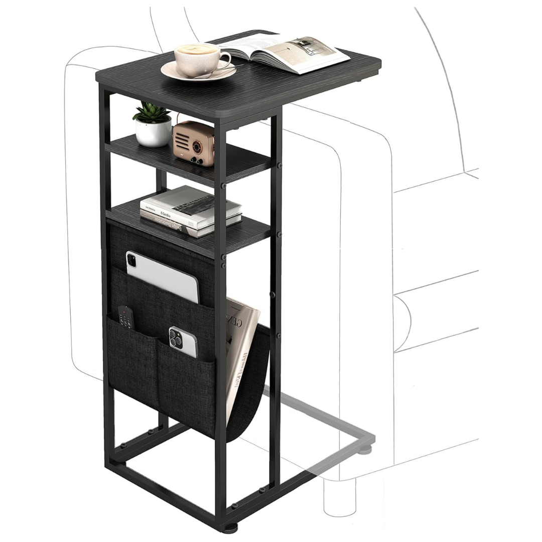 3-Tier C-Shaped End Table With Storage Shelves And Bag
