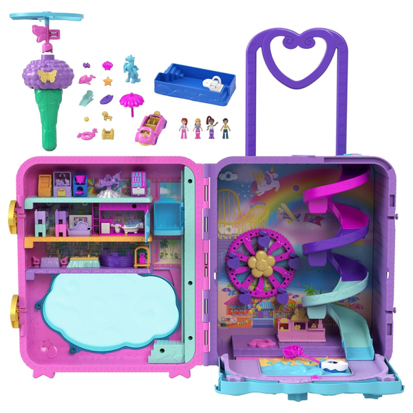 Polly Pocket Dolls, Playset And Travel Toys, 4 Dolls, 1 Vehicle, 25+ Accessories, Resort Roll Away