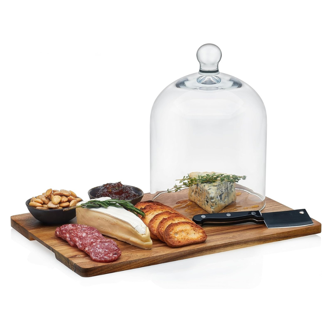 Libbey 4-Piece Acaciawood Cheese Board Set With Glass Dome, Knife And Bowls