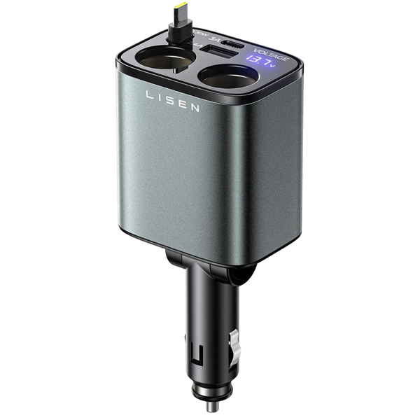 LISEN 90W Dual Car Lighter Splitter W/30W Retractable Cable & USB-C/A Ports