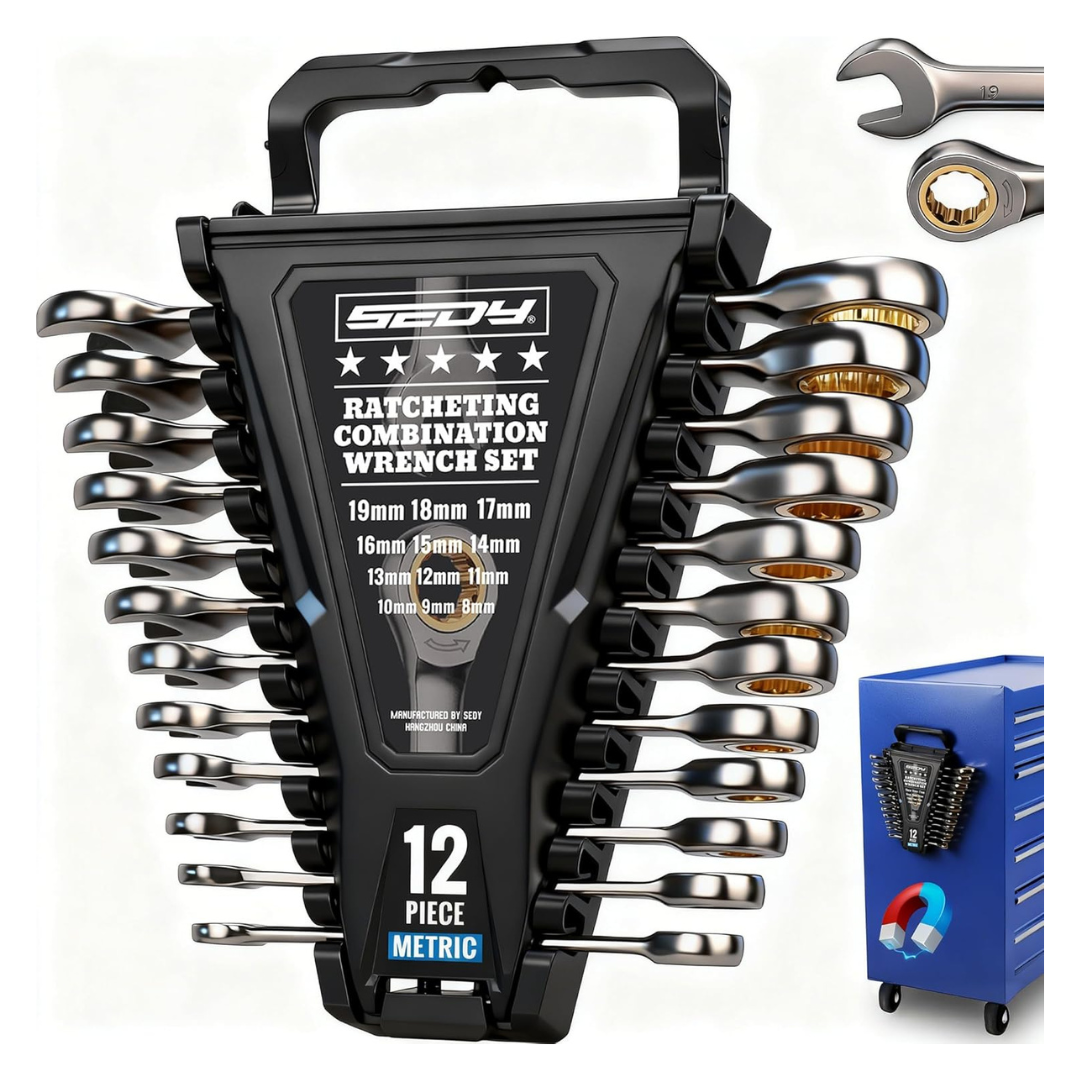 12-Piece Premium Metric Ratchet Wrenches Set W/Magnetic Organizer