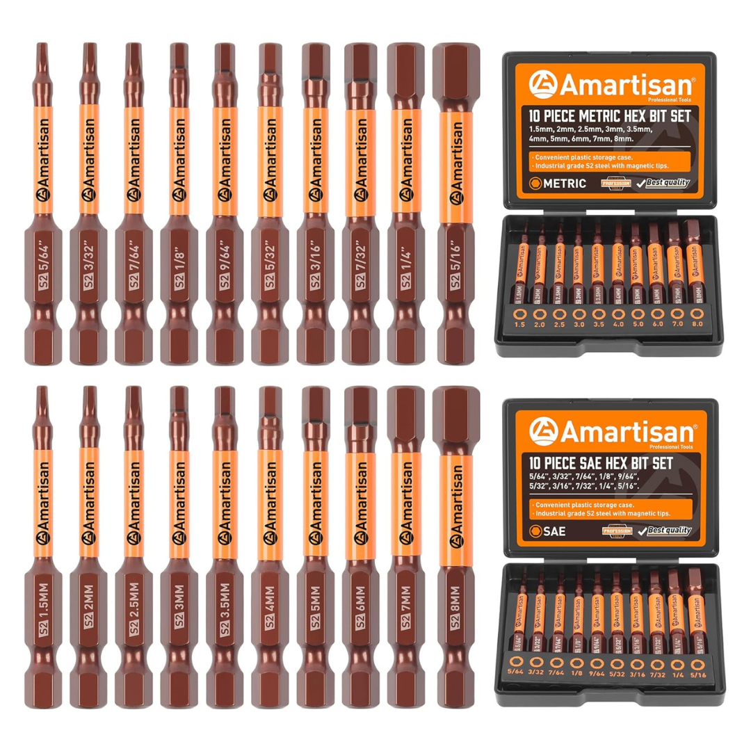 20-Piece Amartisan Metric & SAE Hex Head Allen Wrench Drill Bit Set