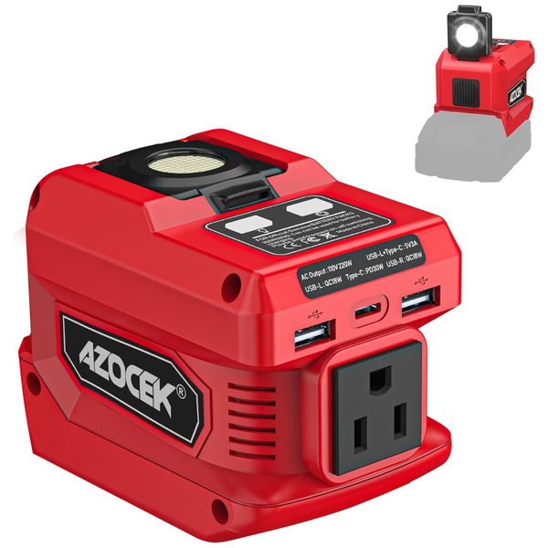 Azocek 220W/18V Battery Inverter Power Station W/ 400LM LED Work Light