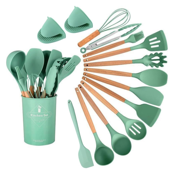 15-Piece Silicone Wooden Handle Kitchen Utensils Set W/ Holder