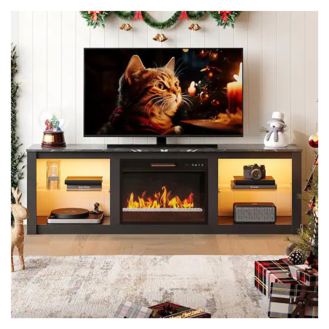 70.8" Black TV Stand With Fireplace Fits
