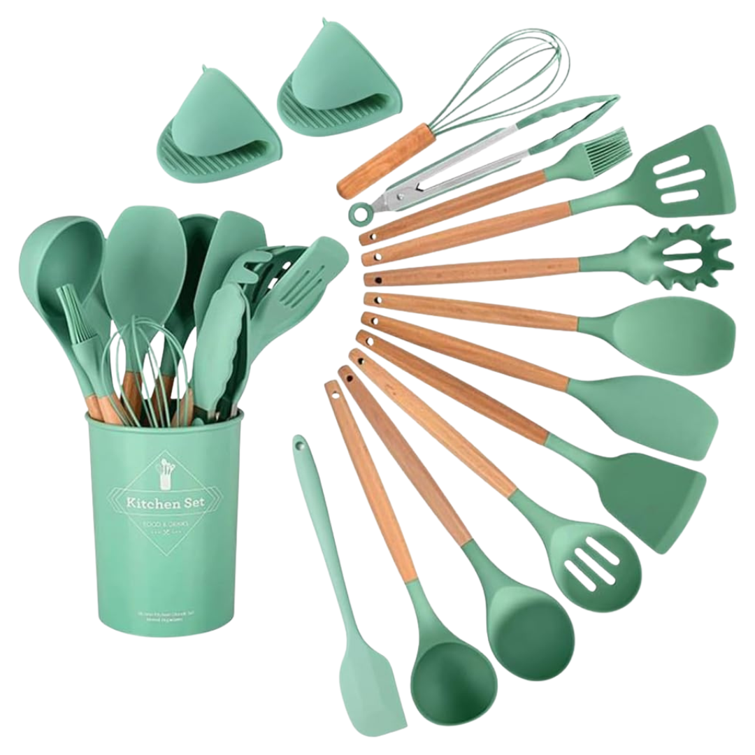 15-Piece Silicone Wooden Handle Kitchen Utensils Set W/ Holder