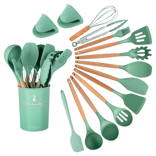 15-Piece Silicone Wooden Handle Kitchen Utensils Set W/ Holder