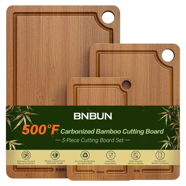 3-Piece Bamboo Cutting Board Set W/ Deep Juice Groove & Built-In Handles