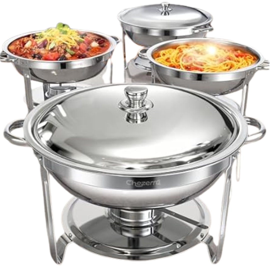 4-Pack Chezerra 5QT Round Stainless Steel Chafing Dishes w/ Lid Holder