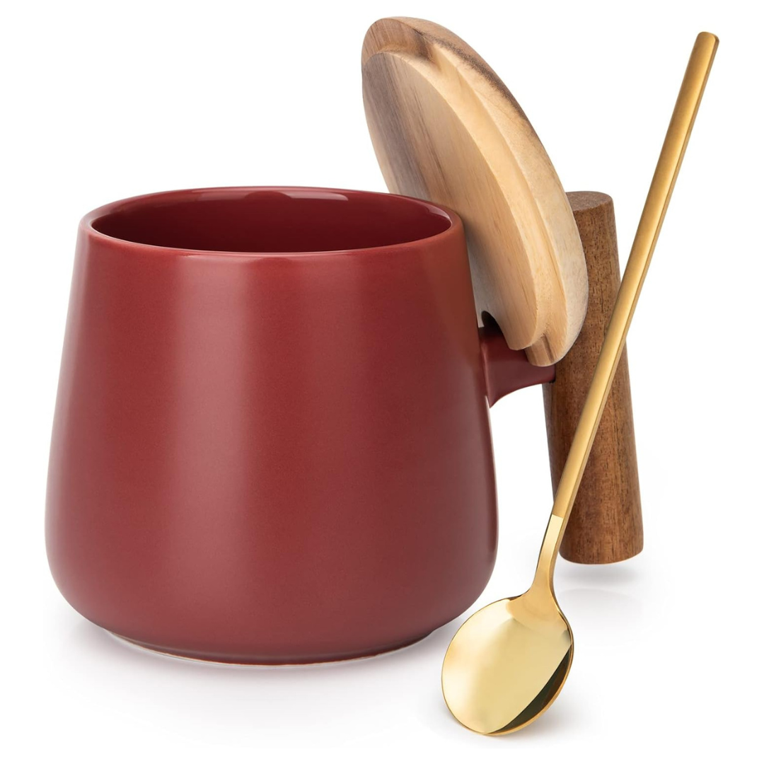 14 Oz Good Always Ceramic Coffee Mug W/ Lid & Coffee Spoon