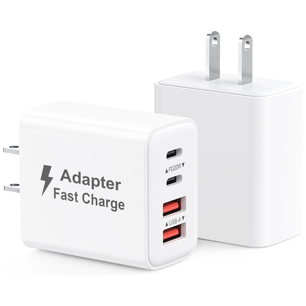 2-Pack 40W 4-Port USB-C & USB-A PD QC Fast Charging Adapter