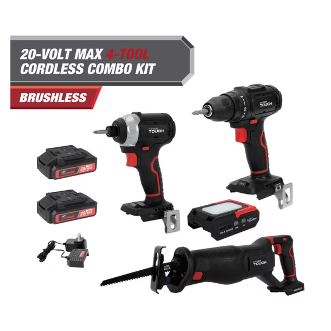 Hyper Tough 20V Brushless 4-Tool Combo Kit with 2 Batteries
