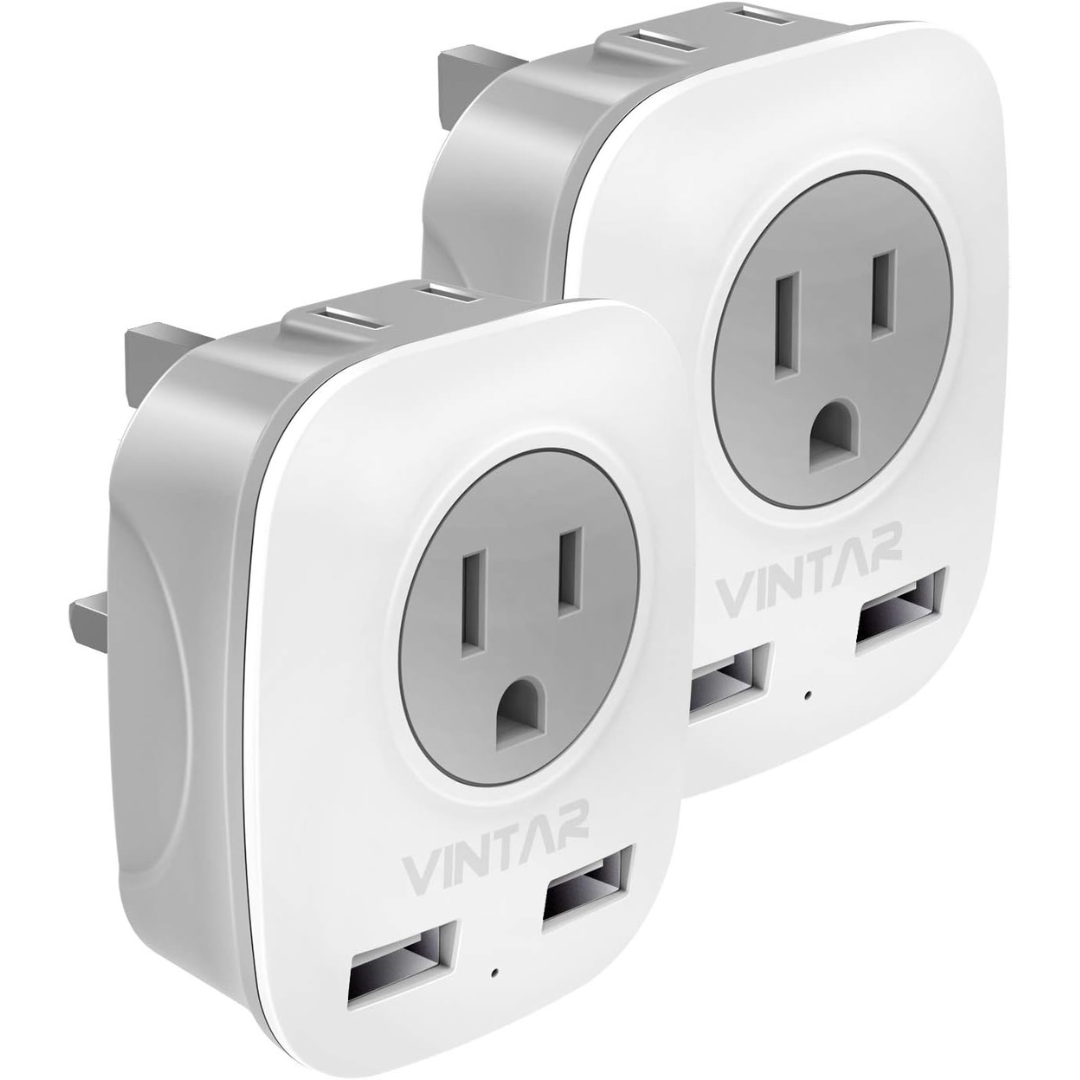 2-Pack Vintar UK Ireland Travel Plug Adapter with 2 USB