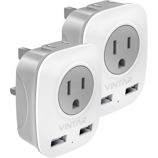 2-Pack Vintar UK Ireland Travel Plug Adapter with 2 USB