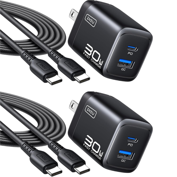 2-Pack 30W INIU 2-Port PD USB-C & USB-A Wall Charger w/ 5-Ft Cable