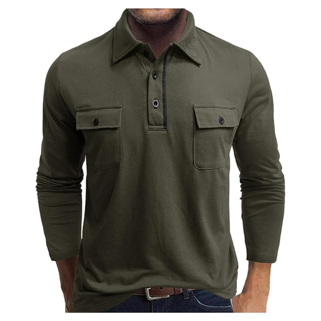 Men's Casual Long Sleeve Collared Classic Polo Shirts With Pocket