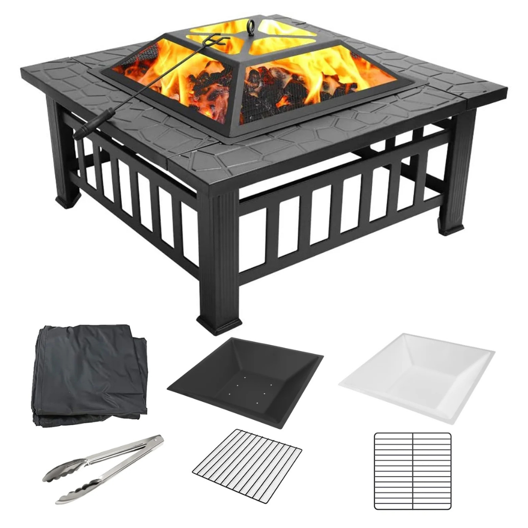 Uhomepro 32" Wood Burning Fire Pit Tables With Screen Lid (Black)