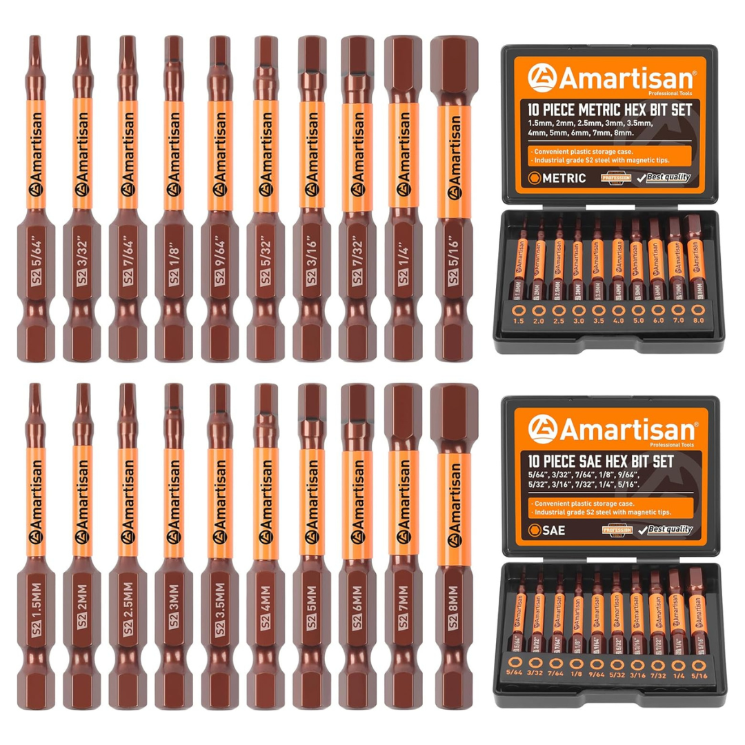 20-Piece Amartisan Metric & SAE Hex Head Allen Wrench Drill Bit Set