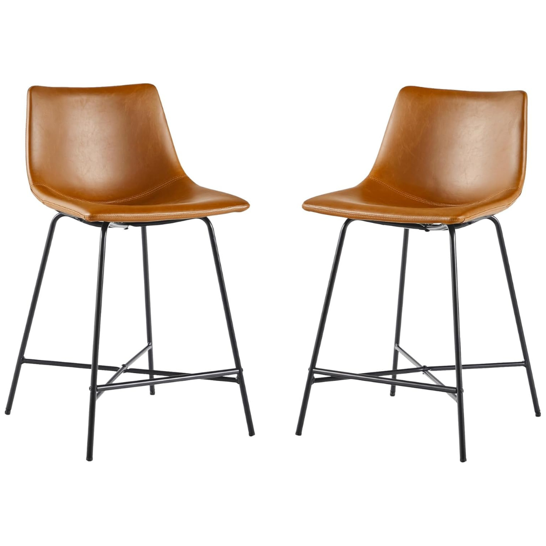Set Of 2 Walker Edison Urban Faux Leather Counter Stool (Whiskey Brown)