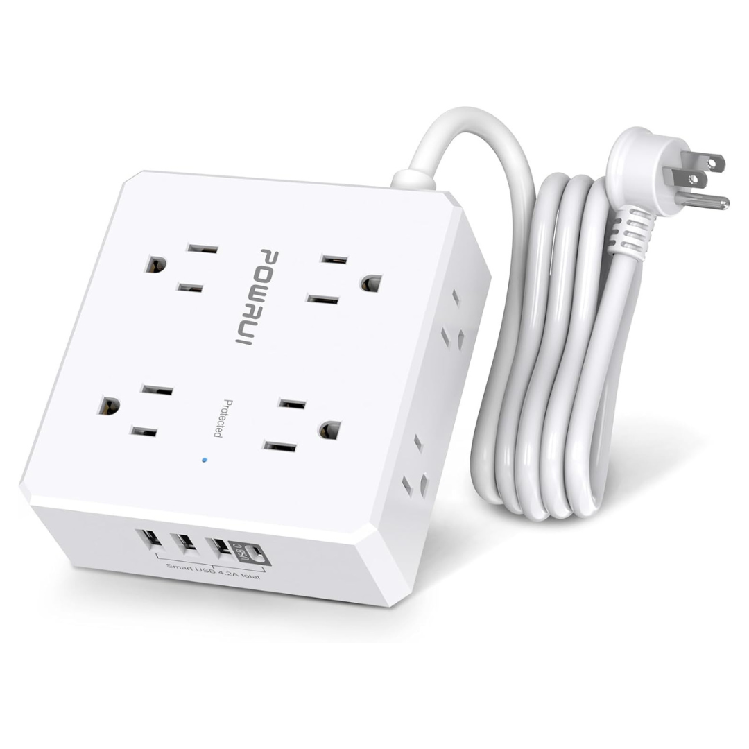 6ft Flat Plug Extension Cord W/ 8 Widely Outlets & 4 USB Ports