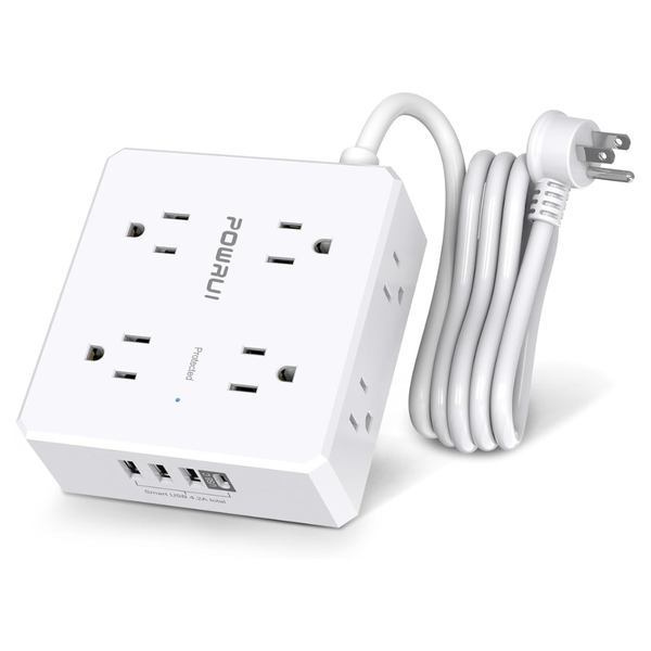 6ft Flat Plug Extension Cord W/ 8 Widely Outlets & 4 USB Ports