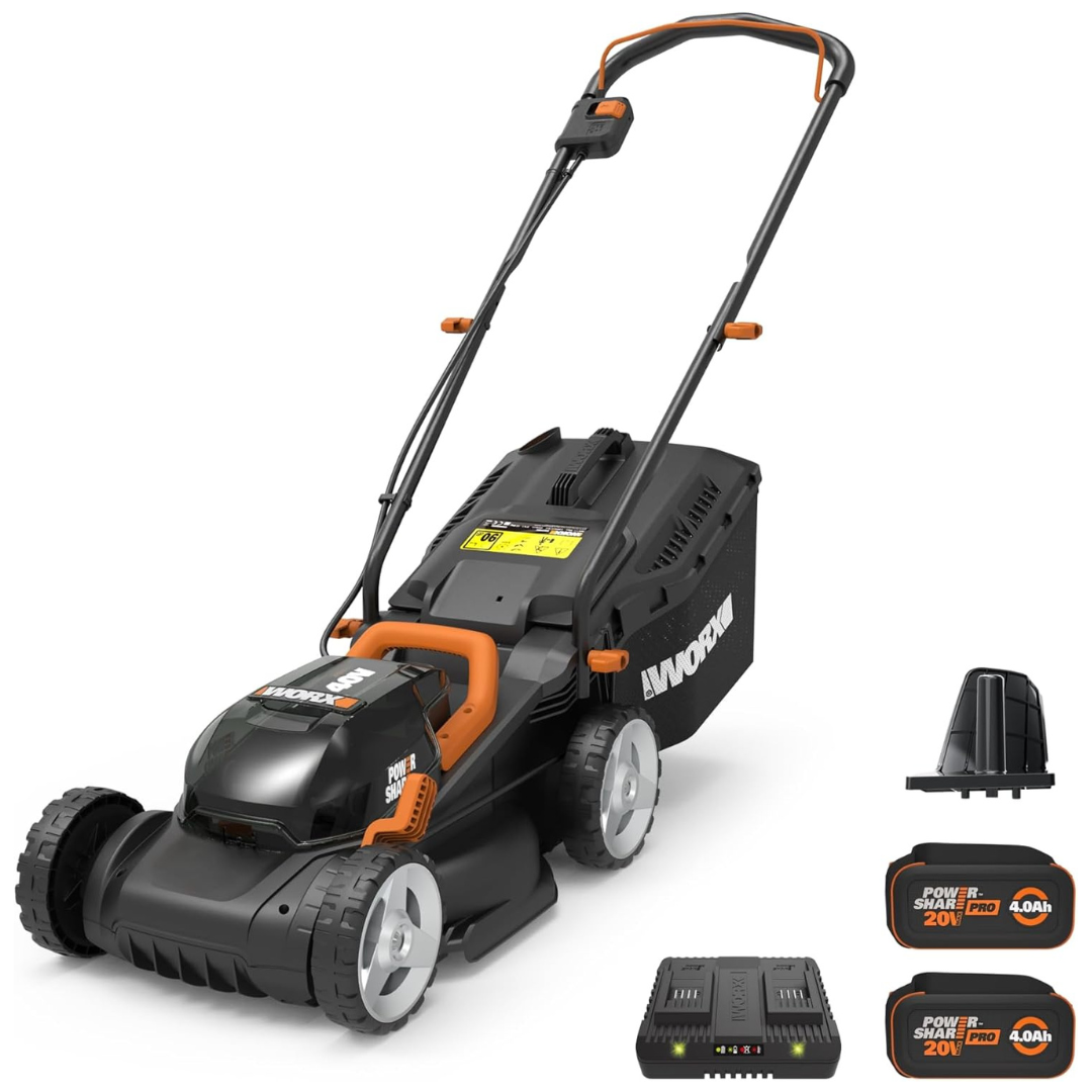 WORX WG779 40V 14" Cordless Lawn Mower with 2 Batteries & Charger