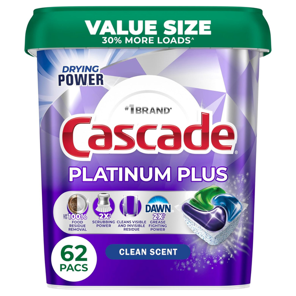 62-Count Cascade Platinum Plus Dishwasher Pods, Dish Detergent Soap