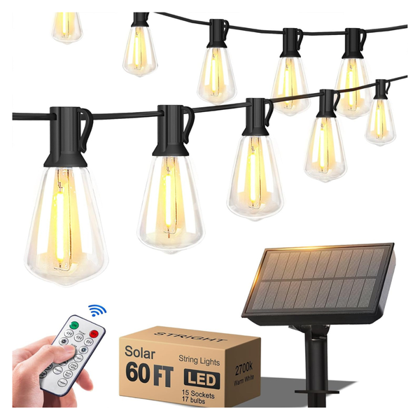60-Ft Weatherproof 15-LED Bulb Solar String Lights W/ 8-Modes & Remote