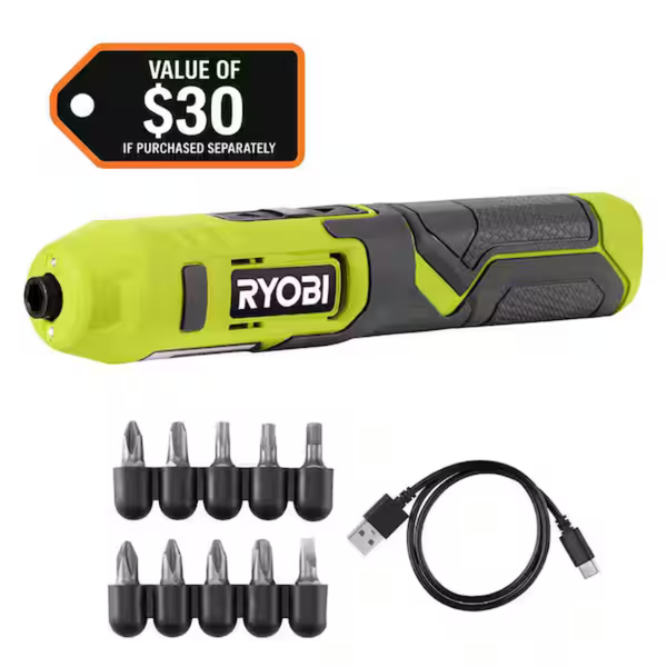 Ryobi 4V Cordless 1/4 in. Screwdriver Kit With Bit Accessories