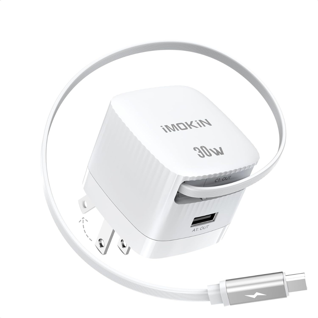30W 2-Port USB-C Wall Charger With Built-in Retractable USB-C Cable